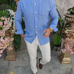 Camasa de barbati Slim Fit albastru cu dungi albe CR160 4