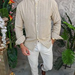 Camasa de barbati Slim Fit bej cu dungi albe CR163 3
