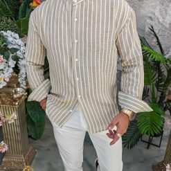 Camasa de barbati Slim Fit bej cu dungi albe CR163 4