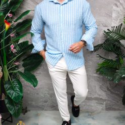 Camasa de barbati Slim Fit bleu cu dungi albe CR169 3