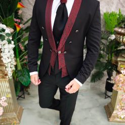Costum Negru NASMIRE Sacou Vesta Pantalon Cravata C4835 5