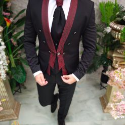 Costum Negru NASMIRE Sacou Vesta Pantalon Cravata C4835 6