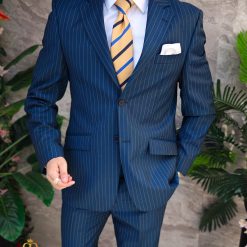 Costum de barbati bleumarin cu dungi Regular Fit Sacou si Pantalon C4847 2