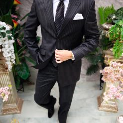 Costum de barbati negru cu dungi Regular Fit Sacou si Pantalon C4849 3