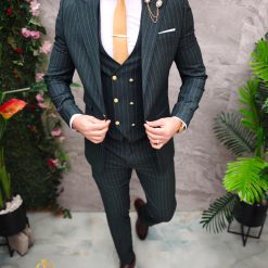 Costum de barbati verde cu dungi Sacou Vesta si Pantalon C4734 4