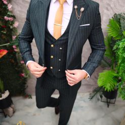 Costum de barbati verde cu dungi Sacou Vesta si Pantalon C4734 5