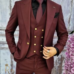 Costum grena cu butoni aurii Sacou Vesta si Pantalon C2065 3