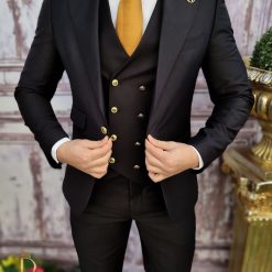 Costum negru cu butoni aurii Sacou Vesta si Pantalon C3413 4
