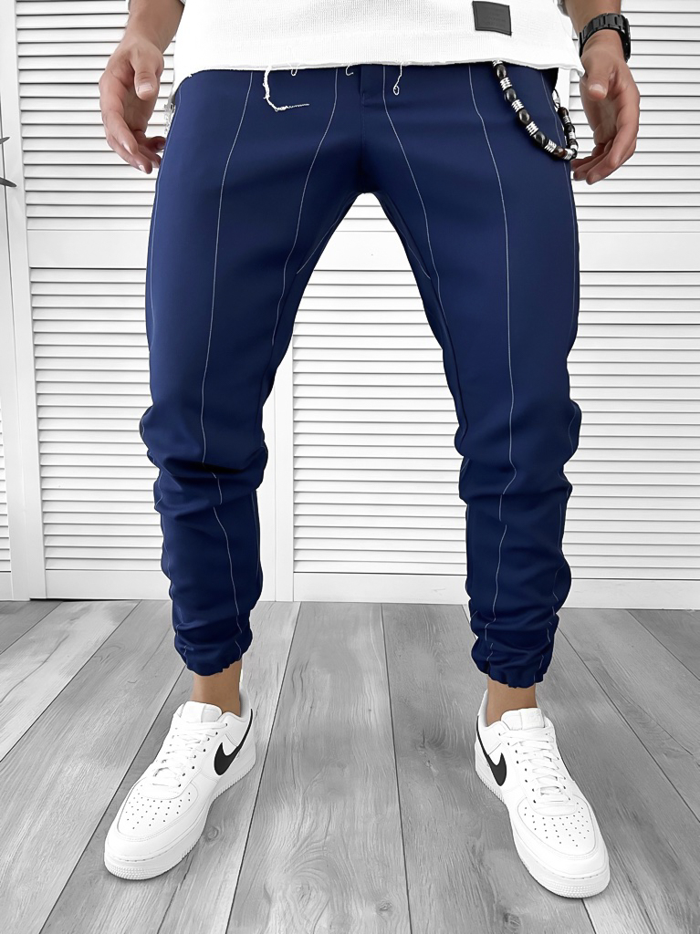 Pantaloni barbati casual albastri cu dungi 11955 F7-5 / E 13-4 ~-Pantaloni > Pantaloni casual