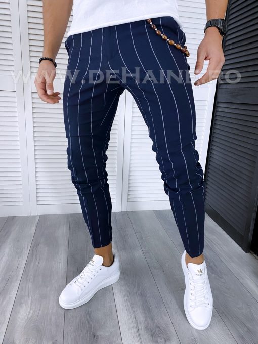 Pantaloni barbati casual regular fit bleumarin in dungi B5777 601- E~-Pantaloni > Pantaloni casual