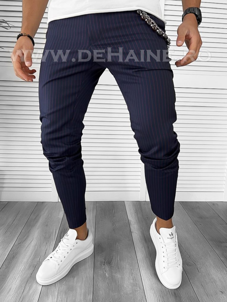 Pantaloni barbati casual regular fit bleumarin in dungi B7886 14-4 E~-Pantaloni > Pantaloni casual