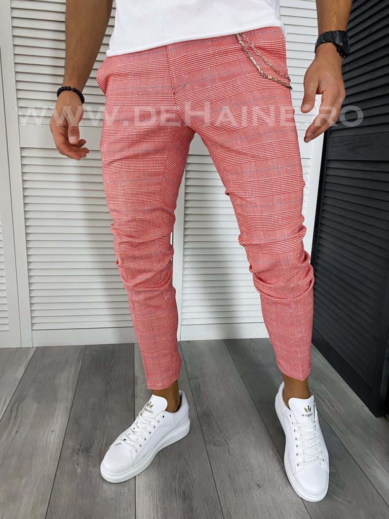 Pantaloni barbati casual regular fit rosii in carouri B1607 B6-2.2/ E 19-5~-Pantaloni > Pantaloni casual