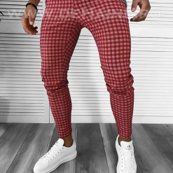 Pantaloni barbati casual regular fit rosii in carouri B1855 55-1.2 E~-Pantaloni > Pantaloni casual