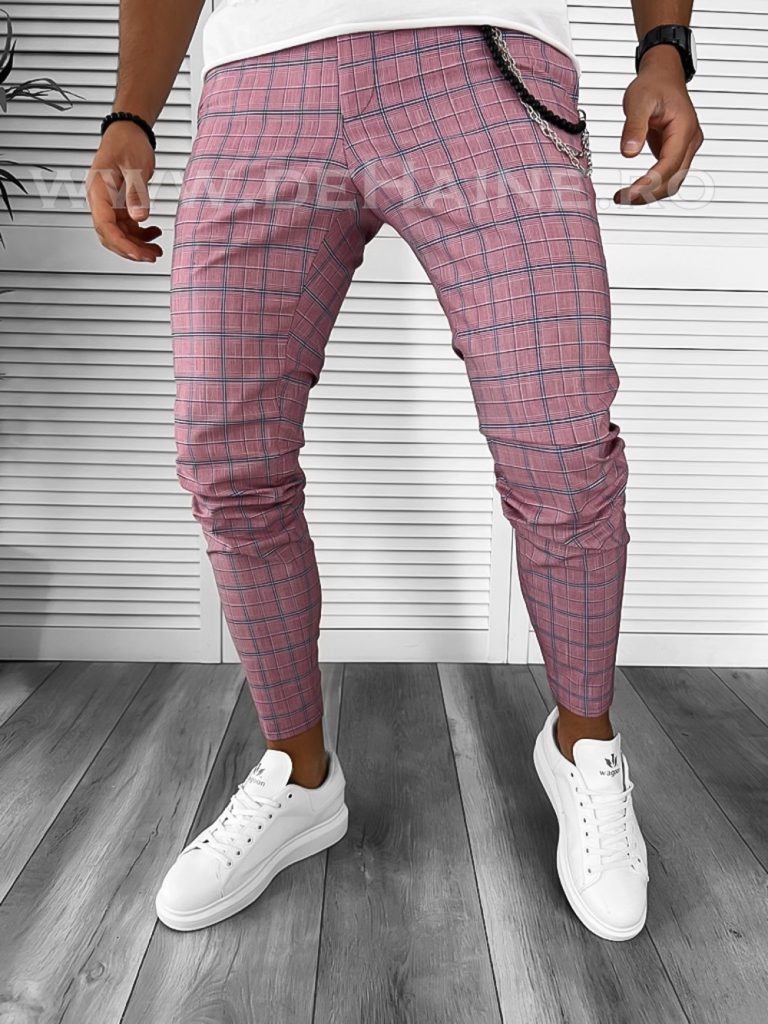 Pantaloni barbati casual regular fit roz in carouri B7873 12-3 E ~-Pantaloni > Pantaloni casual