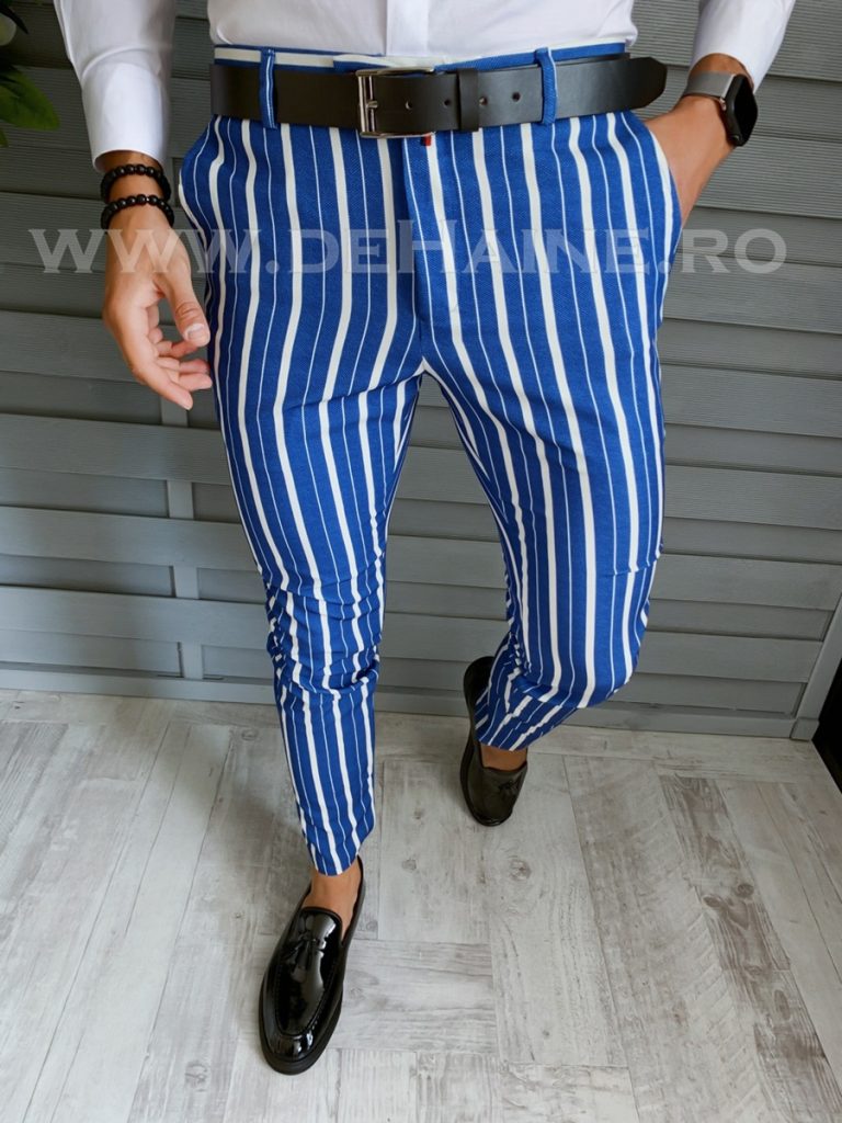 Pantaloni barbati eleganti albastri in dungi B1772 B6-3 9-1 E~-Pantaloni > Pantaloni eleganti