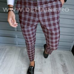 Pantaloni barbati eleganti grena in carouri B1626 F7-5 / 64-4 E~-Pantaloni > Pantaloni eleganti