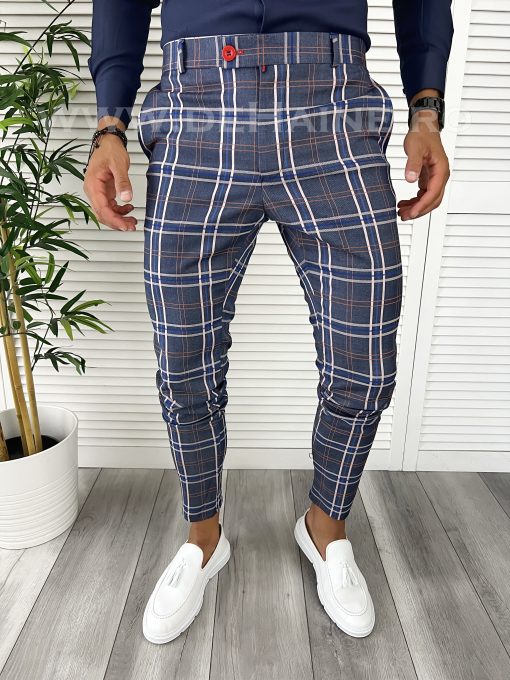 Pantaloni barbati eleganti regular fit bleumarin in carouri B9224 E 18-5~-Pantaloni > Pantaloni eleganti