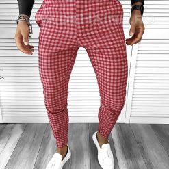 Pantaloni barbati eleganti rosii in carouri B1855 55-1.2 E~-Pantaloni > Pantaloni eleganti