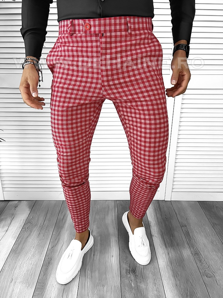 Pantaloni barbati eleganti rosii in carouri B1855 55-1.2 E~-Pantaloni > Pantaloni eleganti