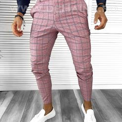 Pantaloni barbati eleganti roz in carouri B8772 12-3 E ~-Pantaloni > Pantaloni eleganti