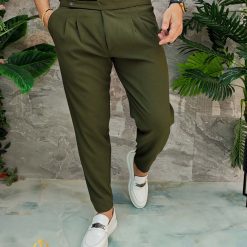 Pantaloni eleganti verde cu pense Slim Fit croiala conica– PN806 4