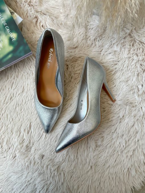 Pantofi eleganti dama cu toc subtire argintii 102-Incaltaminte > Incaltaminte dama > Pantofi dama