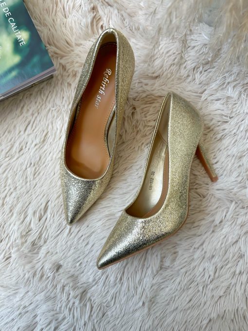 Pantofi eleganti dama cu toc subtire aurii 102-Incaltaminte > Incaltaminte dama > Pantofi dama