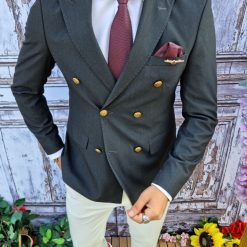 Sacou de barbati Slim Fit Blazer gri inchis cu butoni metalici aurii SC400 4