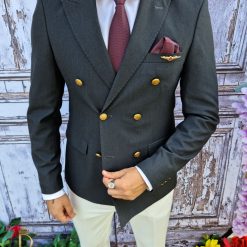 Sacou de barbati Slim Fit Blazer gri inchis cu butoni metalici aurii SC400 6