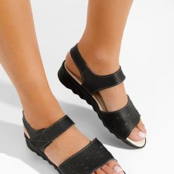 Sandale cu talpa ortopedica Murciana negre-Sandale fara toc-Sandale piele