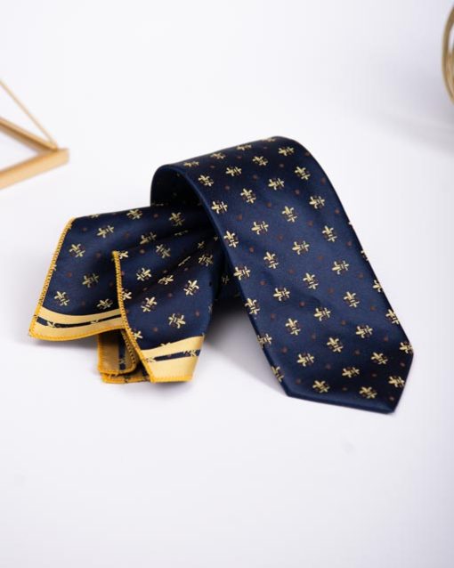 Set Cravata si batista albastru inchis cu model- CV1003-Accesorii