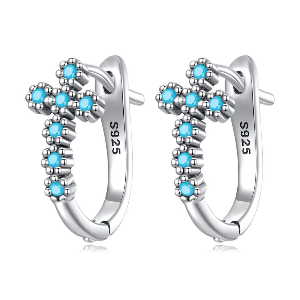 Cercei din argint Blue Studded Cross-Cercei >> Cercei din argint