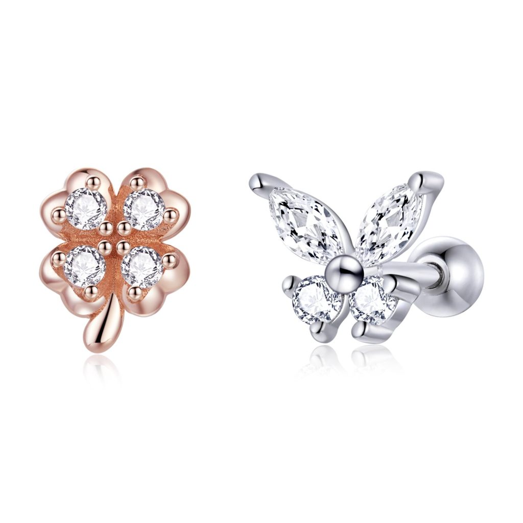 Cercei din argint Butterfly and Four Leaf Clover Studs-Cercei >> Cercei din argint