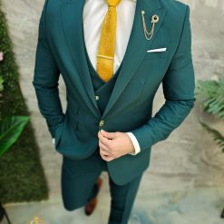 Costum de barbati Verde cu nasturi aurii Sacou Vesta si Pantalon C4672 3