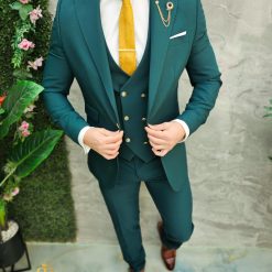 Costum de barbati Verde cu nasturi aurii Sacou Vesta si Pantalon C4672 6