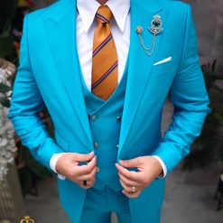 Costum de barbati albastru deschis nasturi aurii Sacou Vesta si Pantalon C4967 4