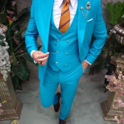 Costum de barbati albastru deschis nasturi aurii Sacou Vesta si Pantalon C4967 5