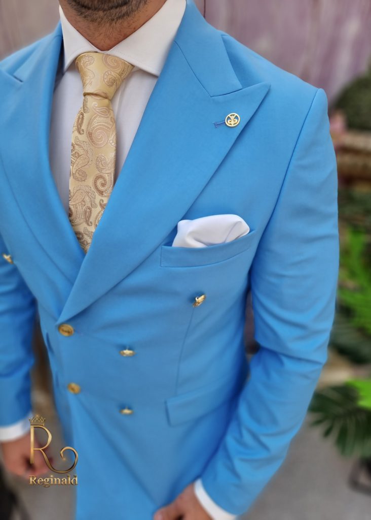 Costum de barbati bleu cu nasturi aurii: Sacou si Pantalon - C4076-Costume