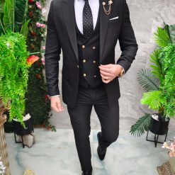 Costum de barbati negru cu dungi albe Sacou Vesta si Pantalon C4732 10