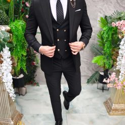 Costum de barbati negru cu dungi albe Sacou Vesta si Pantalon C4732 3