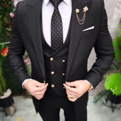 Costum de barbati negru cu dungi albe Sacou Vesta si Pantalon C4732 4