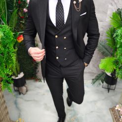 Costum de barbati negru cu dungi albe Sacou Vesta si Pantalon C4732 5