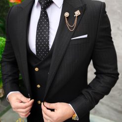 Costum de barbati negru cu dungi albe Sacou Vesta si Pantalon C4732 6