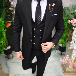 Costum de barbati negru cu dungi albe Sacou Vesta si Pantalon C4732 7