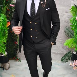 Costum de barbati negru cu dungi albe Sacou Vesta si Pantalon C4732 8