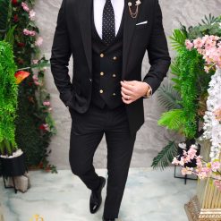 Costum de barbati negru cu dungi albe Sacou Vesta si Pantalon C4732 9