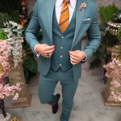Costum de barbati verde albastrui cu dungi Sacou Vesta si Pantalon C4969 5