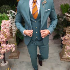 Costum de barbati verde albastrui cu dungi Sacou Vesta si Pantalon C4969 8