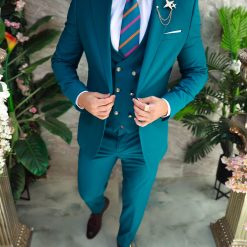 Costum de barbativerde albastrui nasturi aurii Sacou Vesta si Pantalon C4962 4