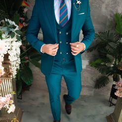 Costum de barbativerde albastrui nasturi aurii Sacou Vesta si Pantalon C4962 5